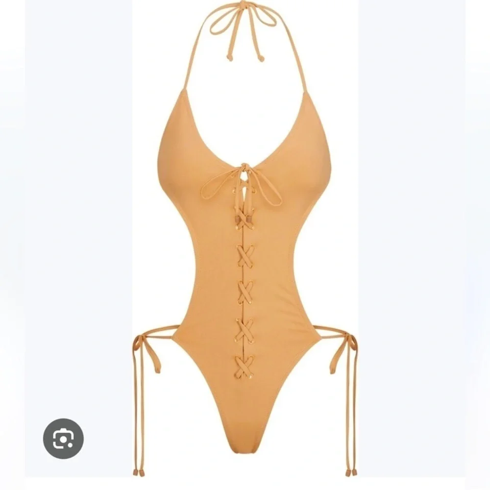 Women’s Tan Lace-Up One-Piece Swimsuit - Halter Tie